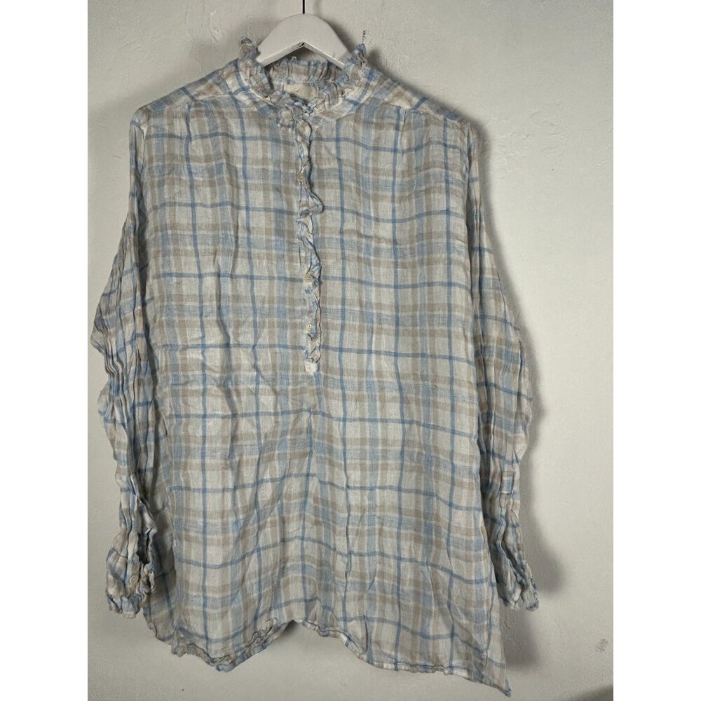 CP Shades Womens Linen Plaid Ruffle Collar Button Top Large Blue 1358-228 NWOT